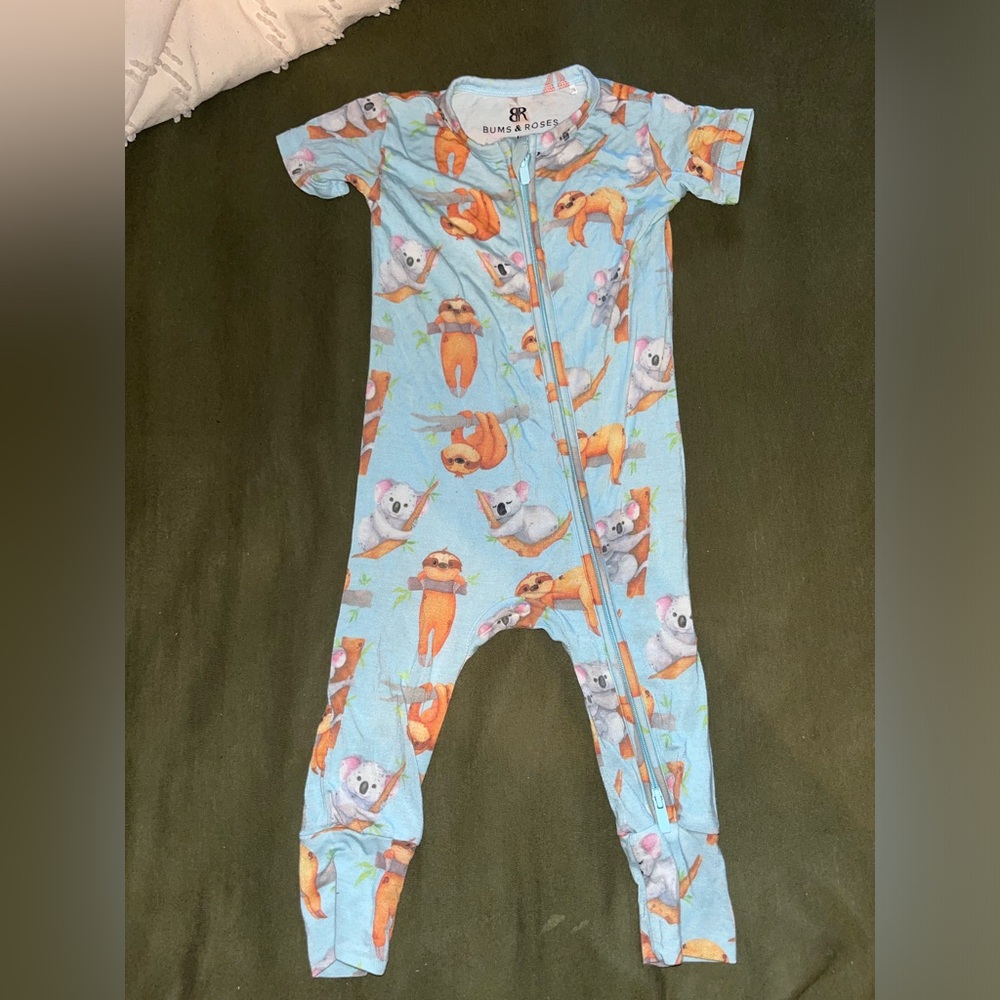 Bums and Roses Light Blue Sloth and Koala Print Romper